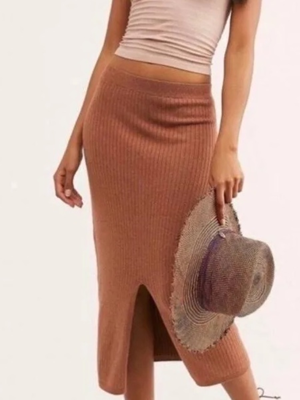 Free People Ribbed Midi Skirt in Camel